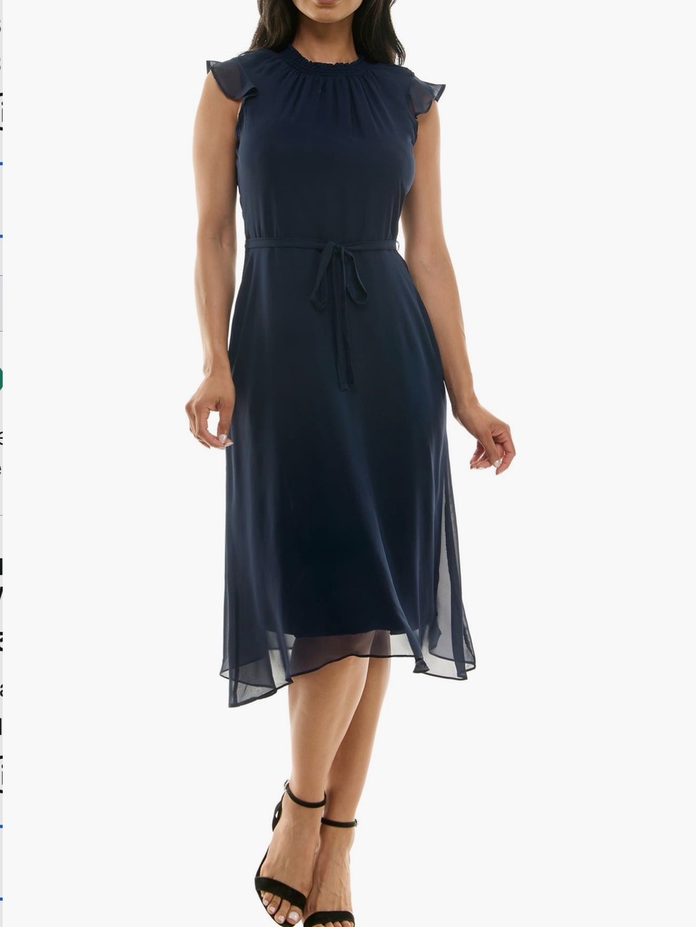 Nina Leonard Navy Ruffle-Sleeve Midi Dress with Tie Waist